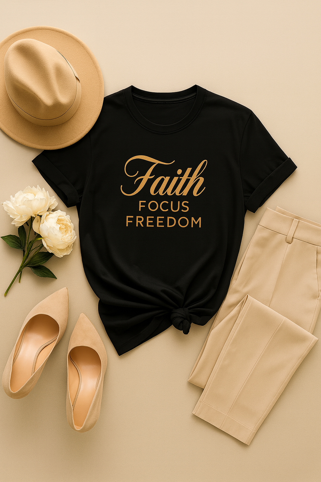 Black t-shirt with 'Faith Focus Freedom' text, beige hat, shoes, and pants on a beige background